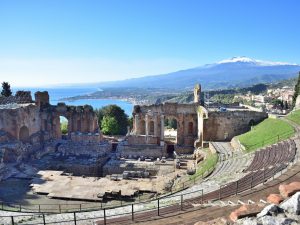 Sicily beach and culture Taarmina Sicily panorama from Roman Theatre