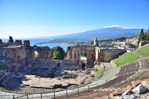 Sicily beach and culture Taarmina Sicily panorama from Roman Theatre